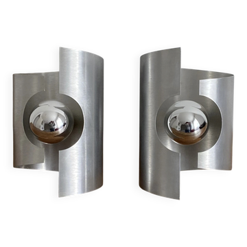 Pair of Oxar wall lights. 1970. Brushed stainless steel.