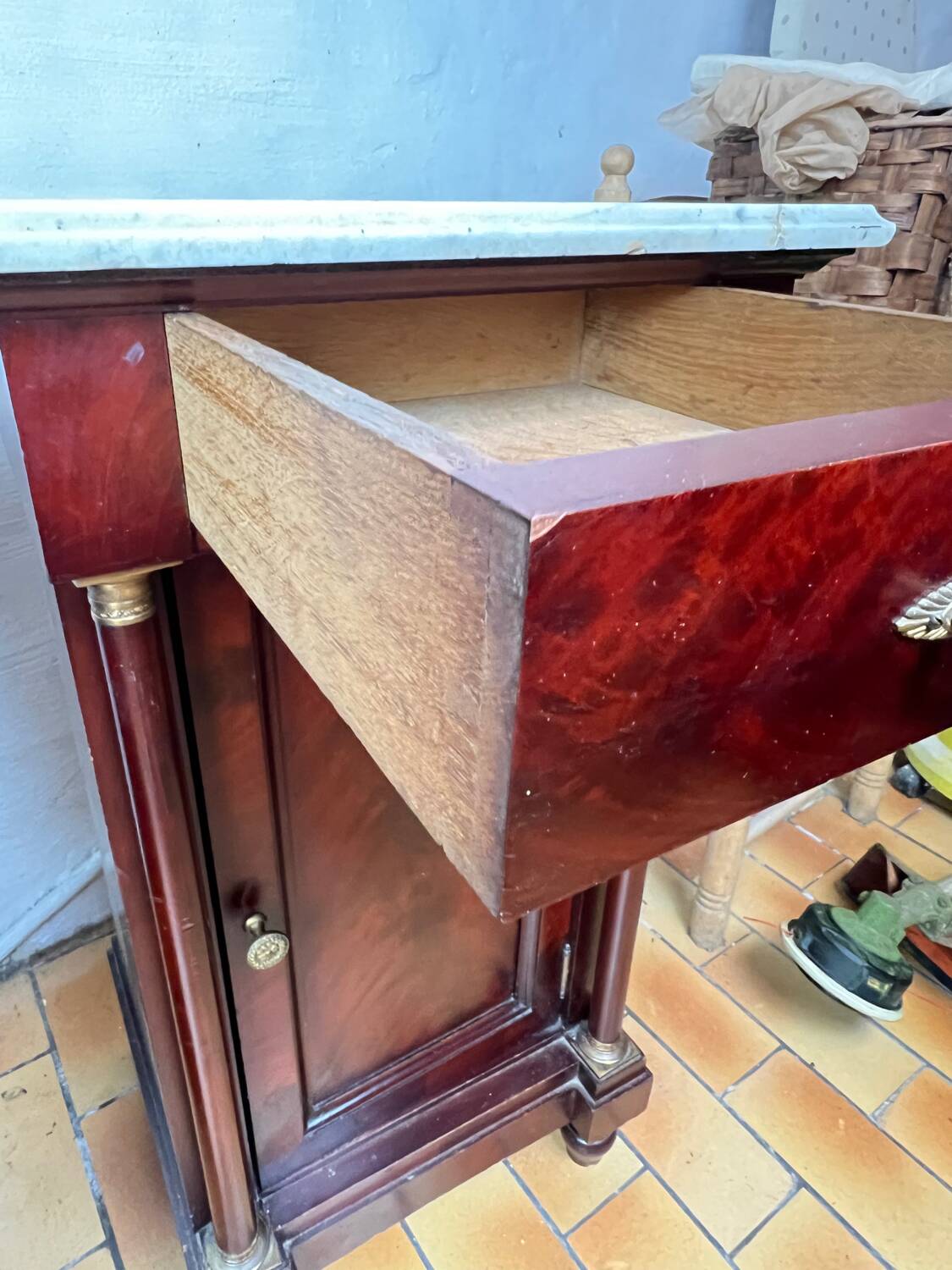 Pair of Napoleon III bedside tables in mahogany and marble