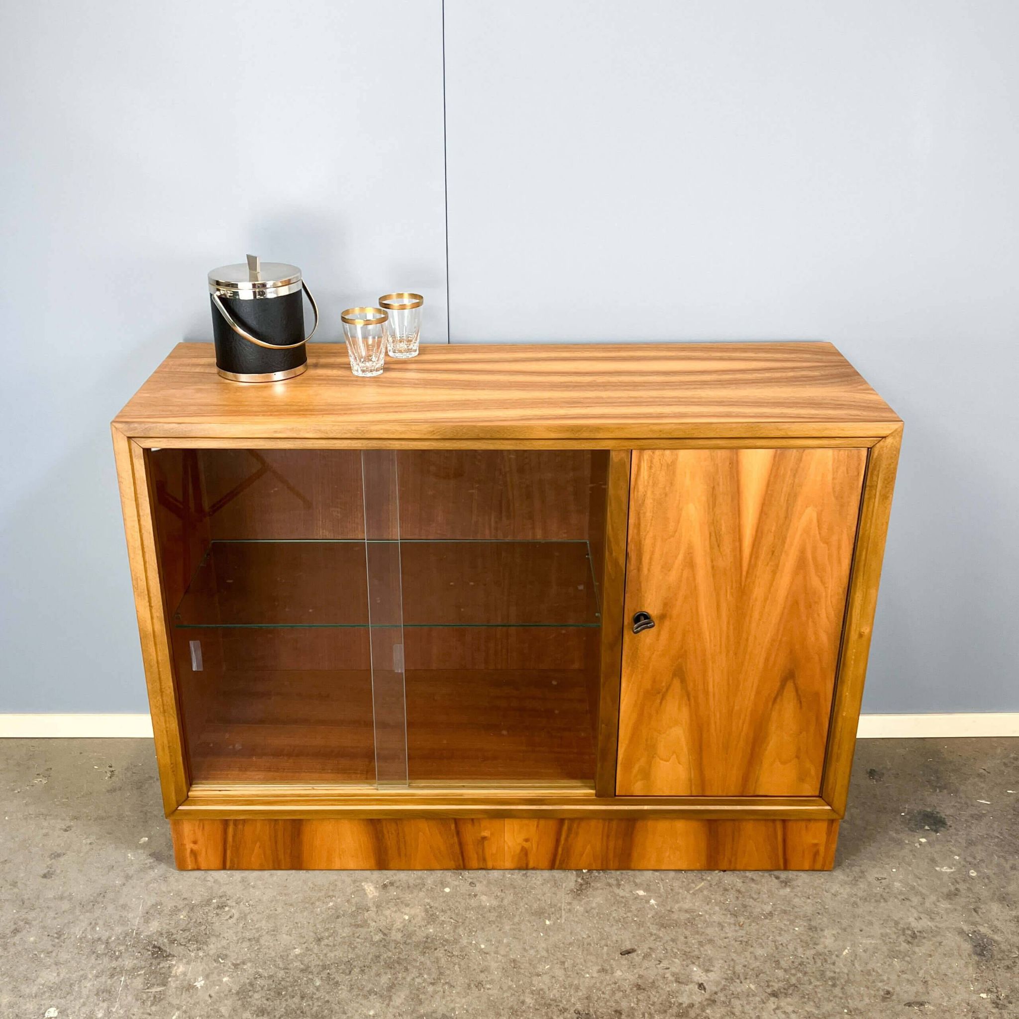 Vintage display cabinet with bar compartment, walnut, 60s