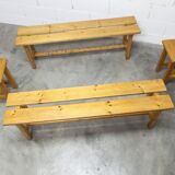 Set of 2 benches and 2 stools in pine, 1970s mountain style.