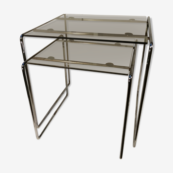 Duo of vintage pull-out tables, bauhaus style