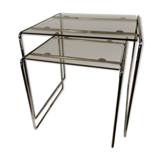 Duo of vintage pull-out tables, bauhaus style