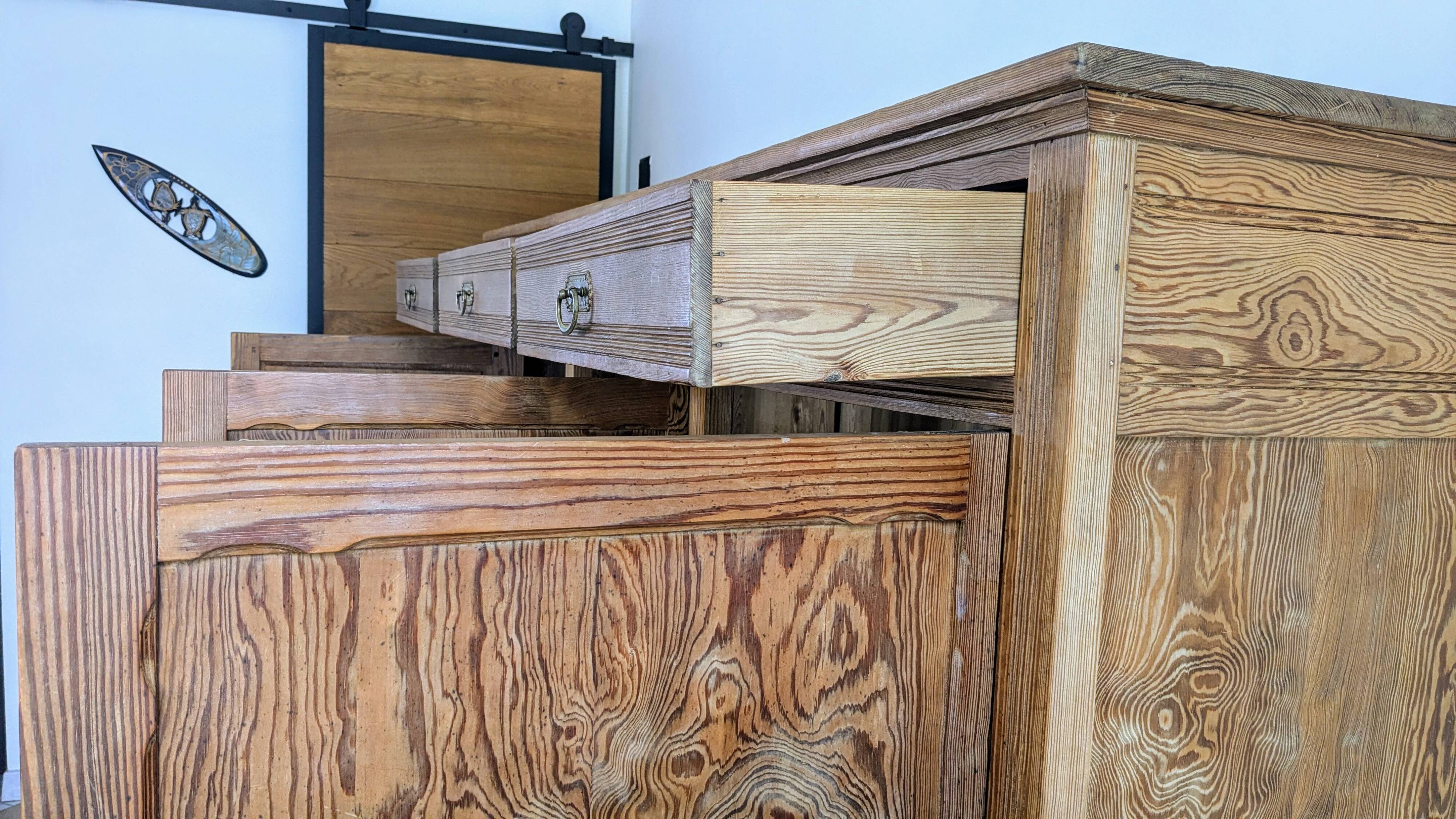 Large solid pitch pine sideboard, 206 x H150 cm, unique piece