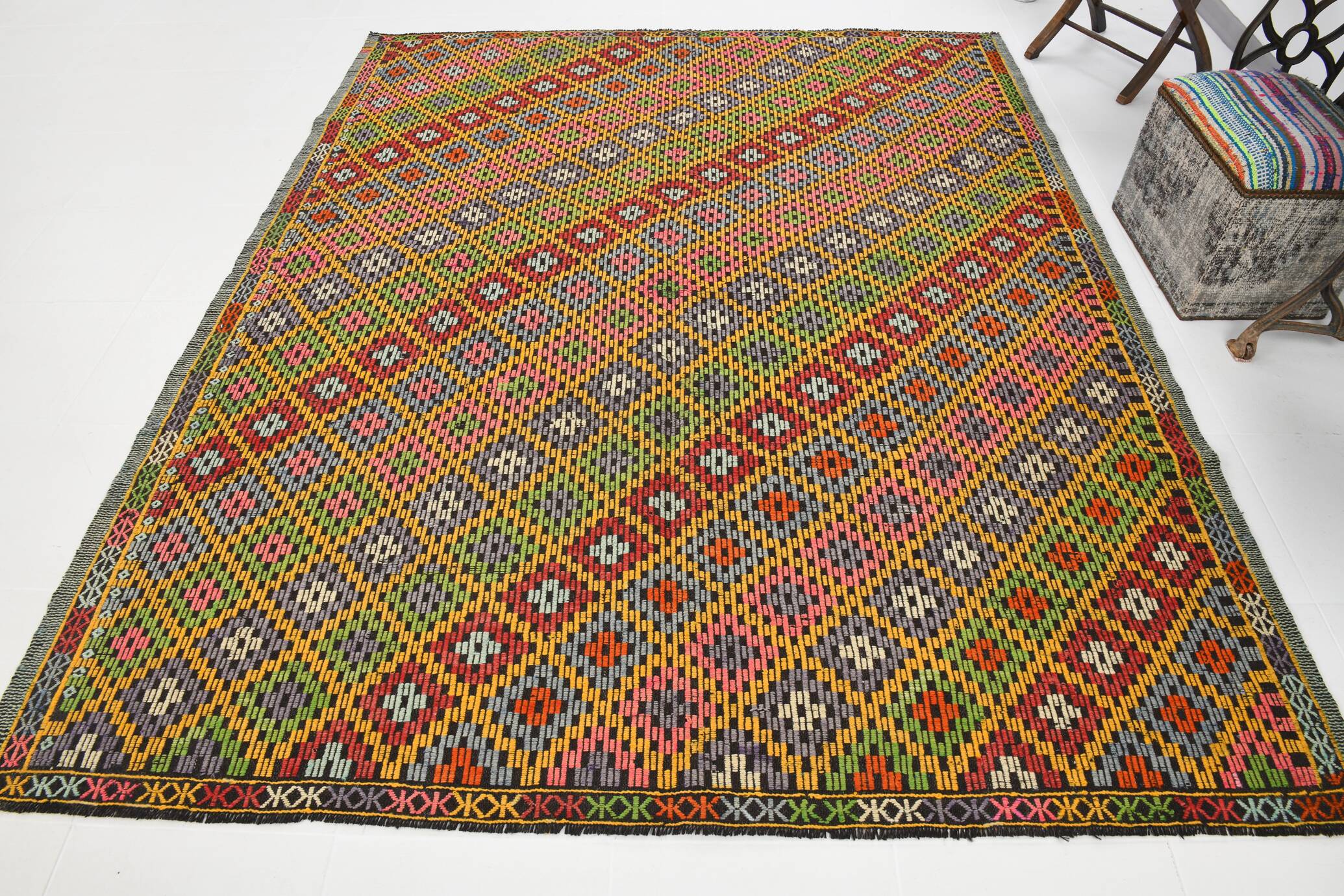 7x9 Yellow Green Handmade Wool Scandinavian Kilim Rug