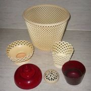 Lot of red and beige Emsa vases, flower spikes, pot cover and a bowl