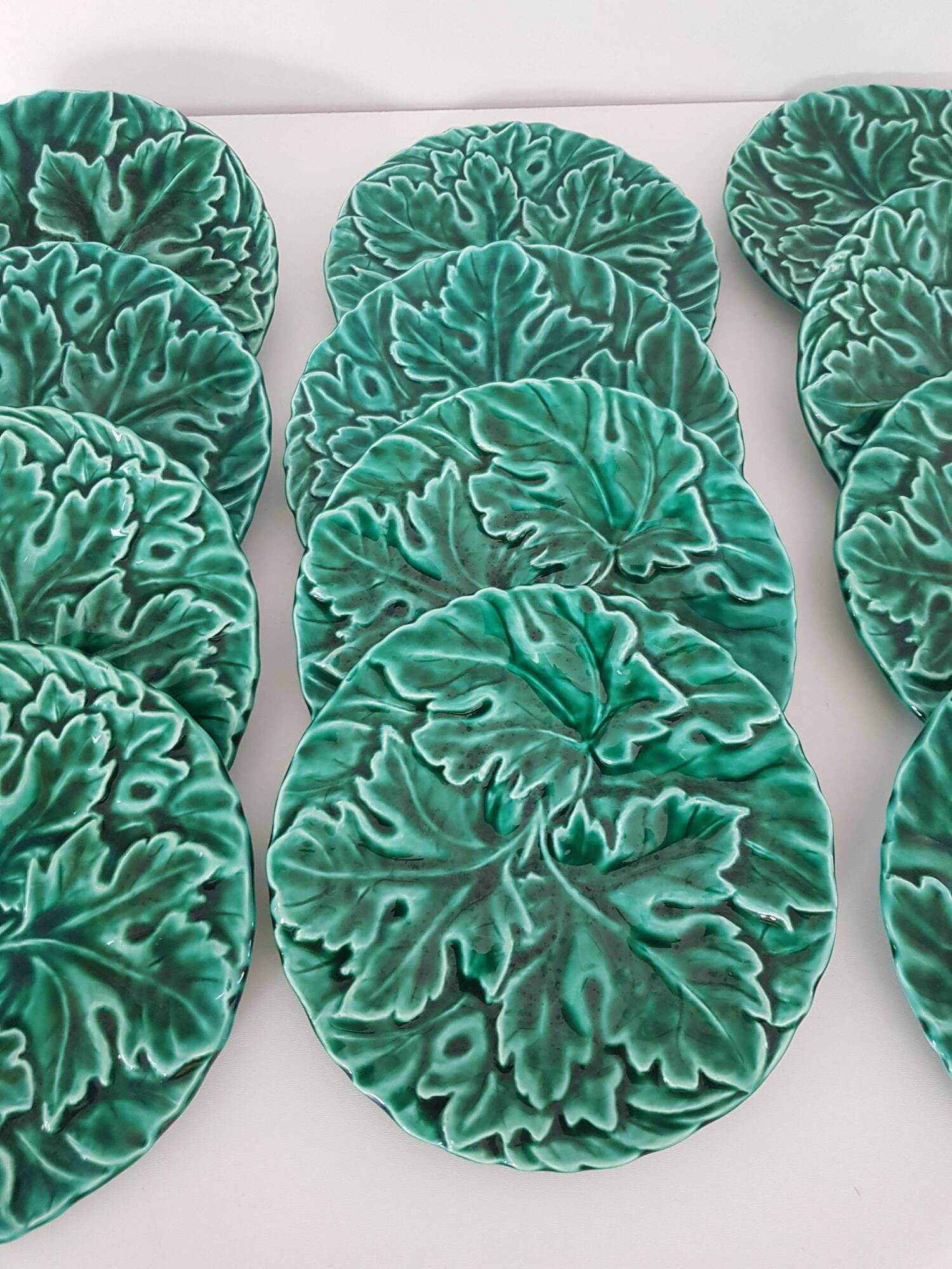 Set of 12 Green Majolica Leaf Plates Sarreguemines Digoin 1930