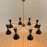 8 arms Italian chandelier with diabolo shades in Stilnovo style