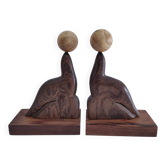 Paire de serre-livres art déco otaries bois précieux