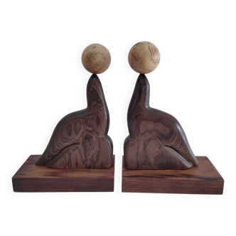 Pair of art deco sea lion bookends in precious wood