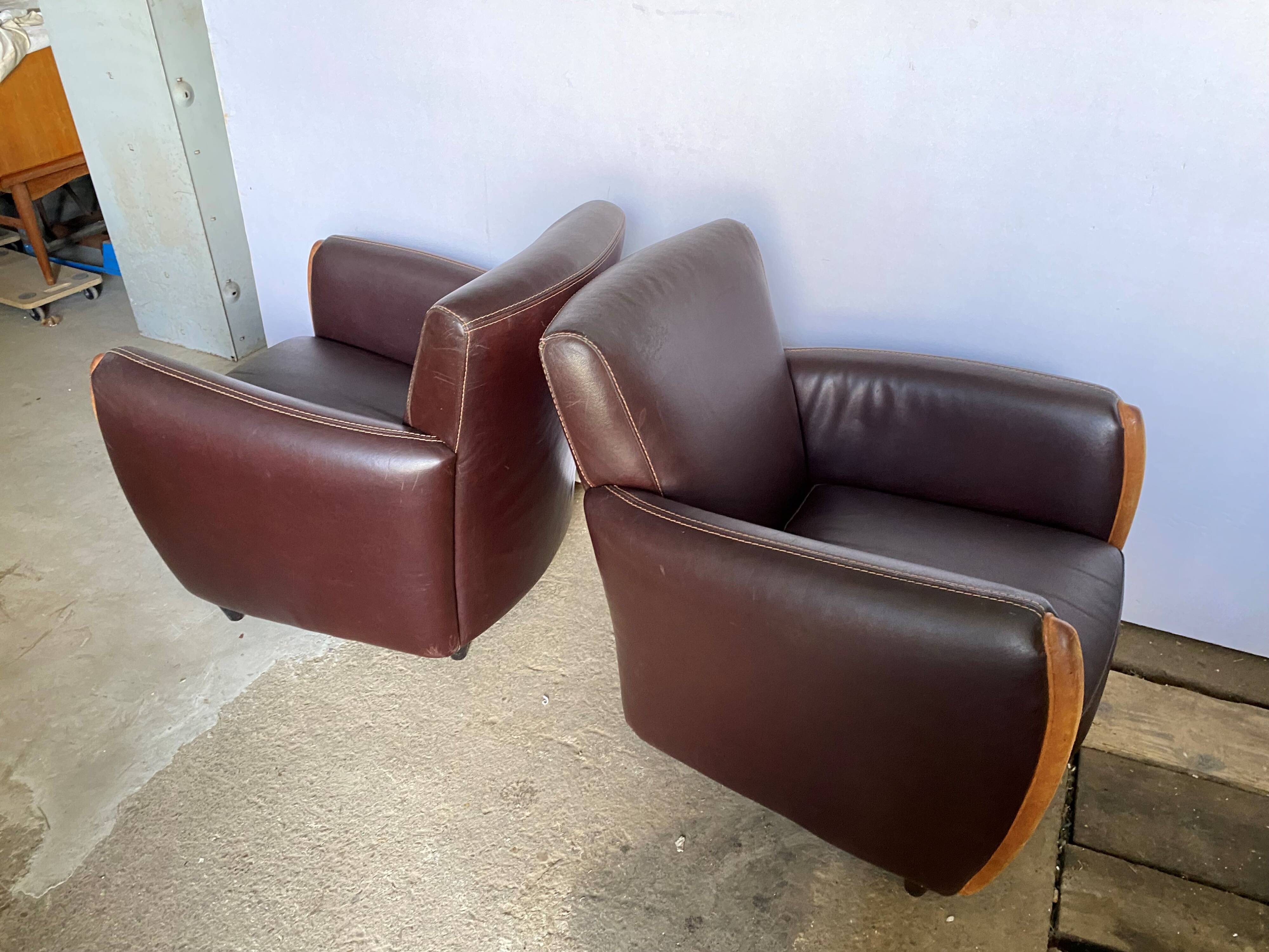 Pair of vintage brown leather club armchairs from the 70s