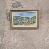 Vintage watercolor – Village at the foot of the hills