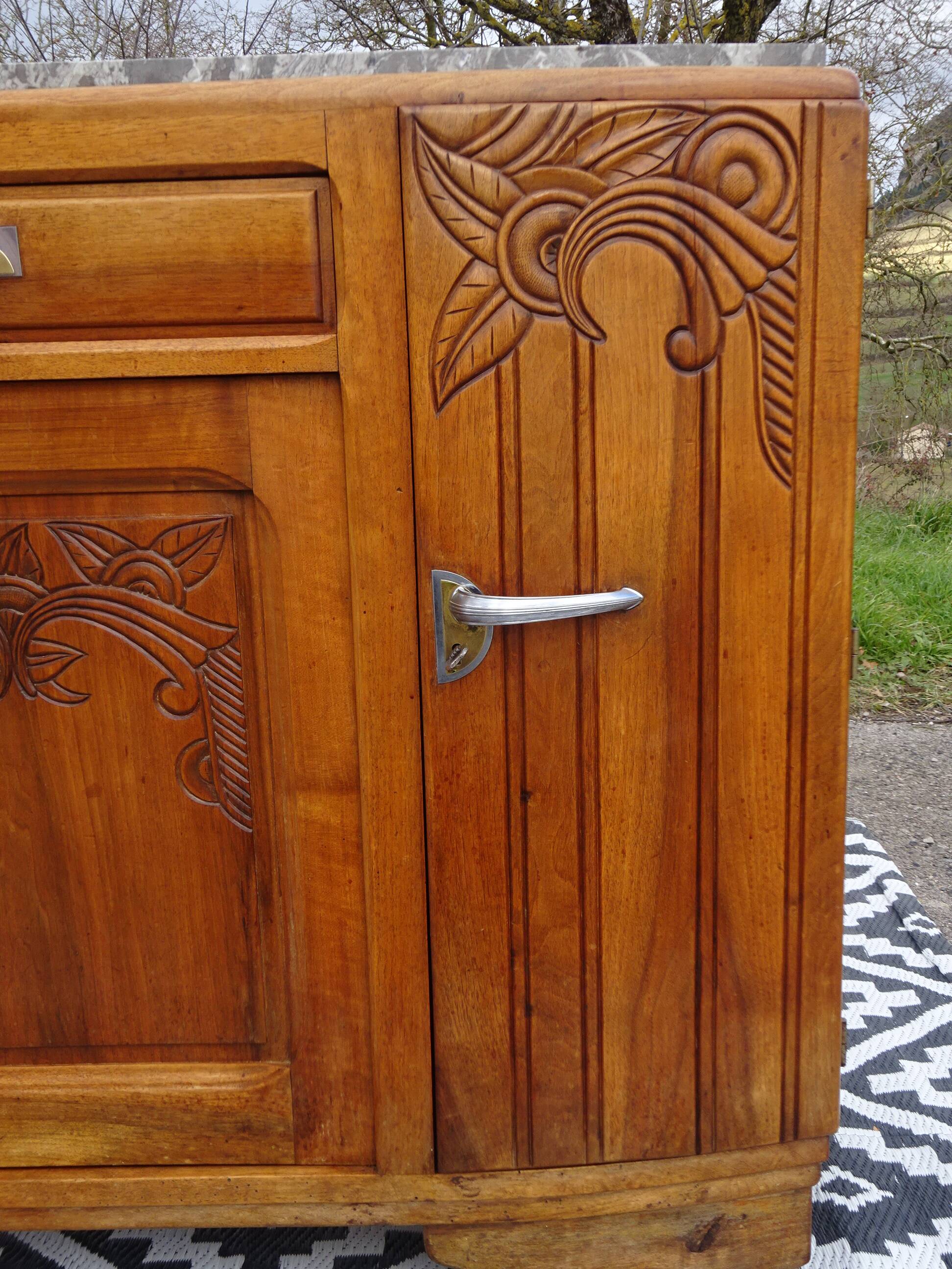 Narrow sideboard, art deco in light walnut, gray marble top
