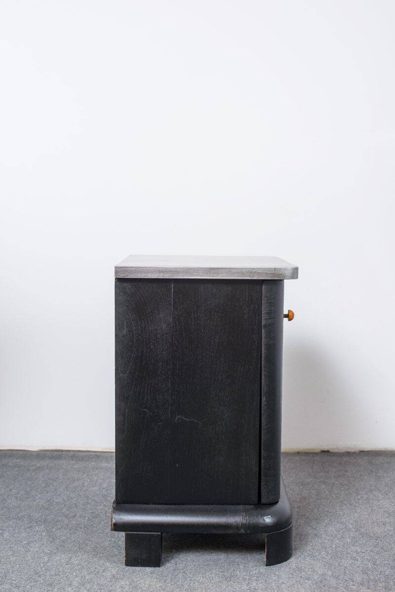 Black Art Deco bedside table in wood, silver top, single door, 1930s.