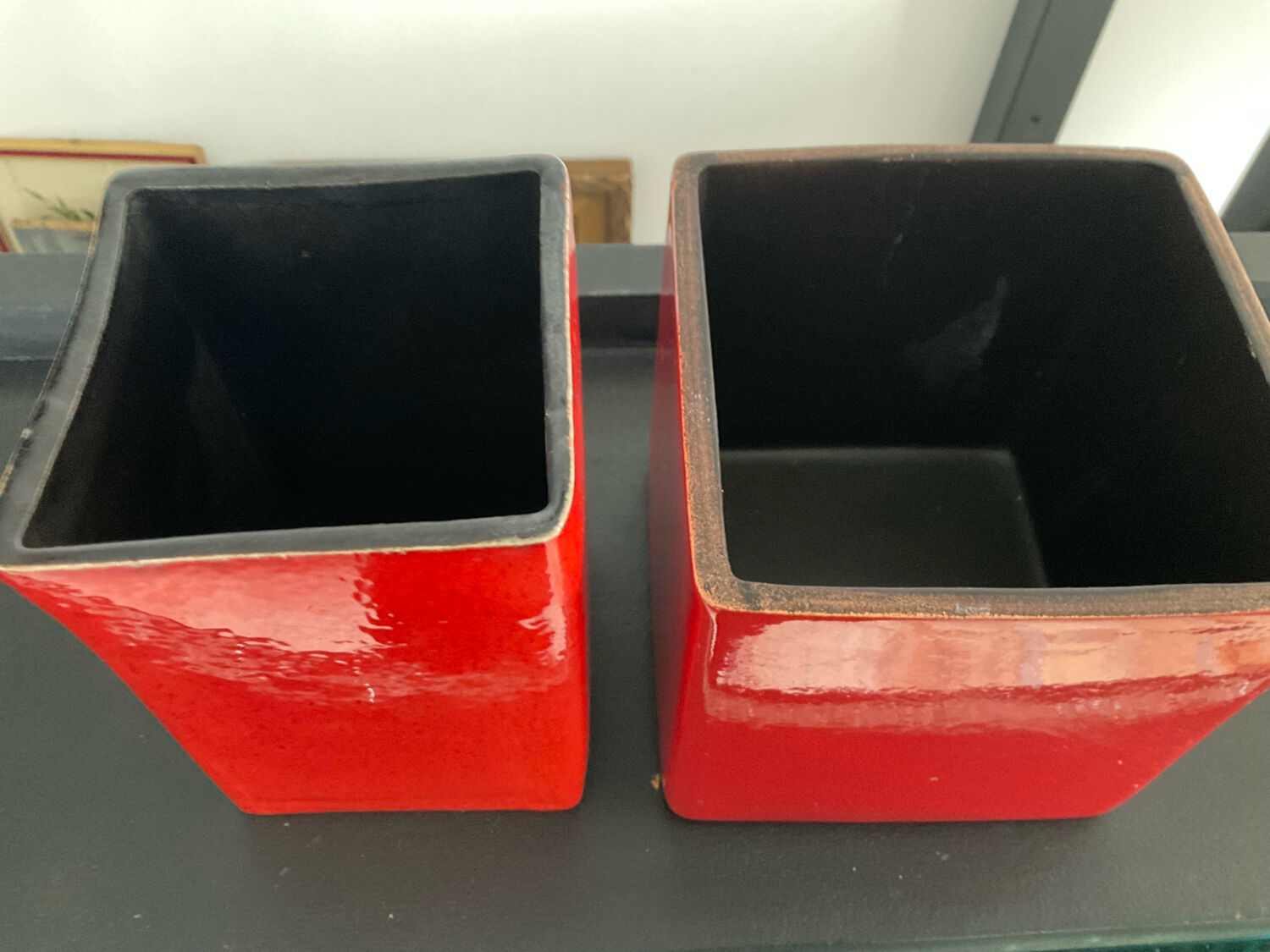 Duo cache pots vintage cubes en céramique émaillée