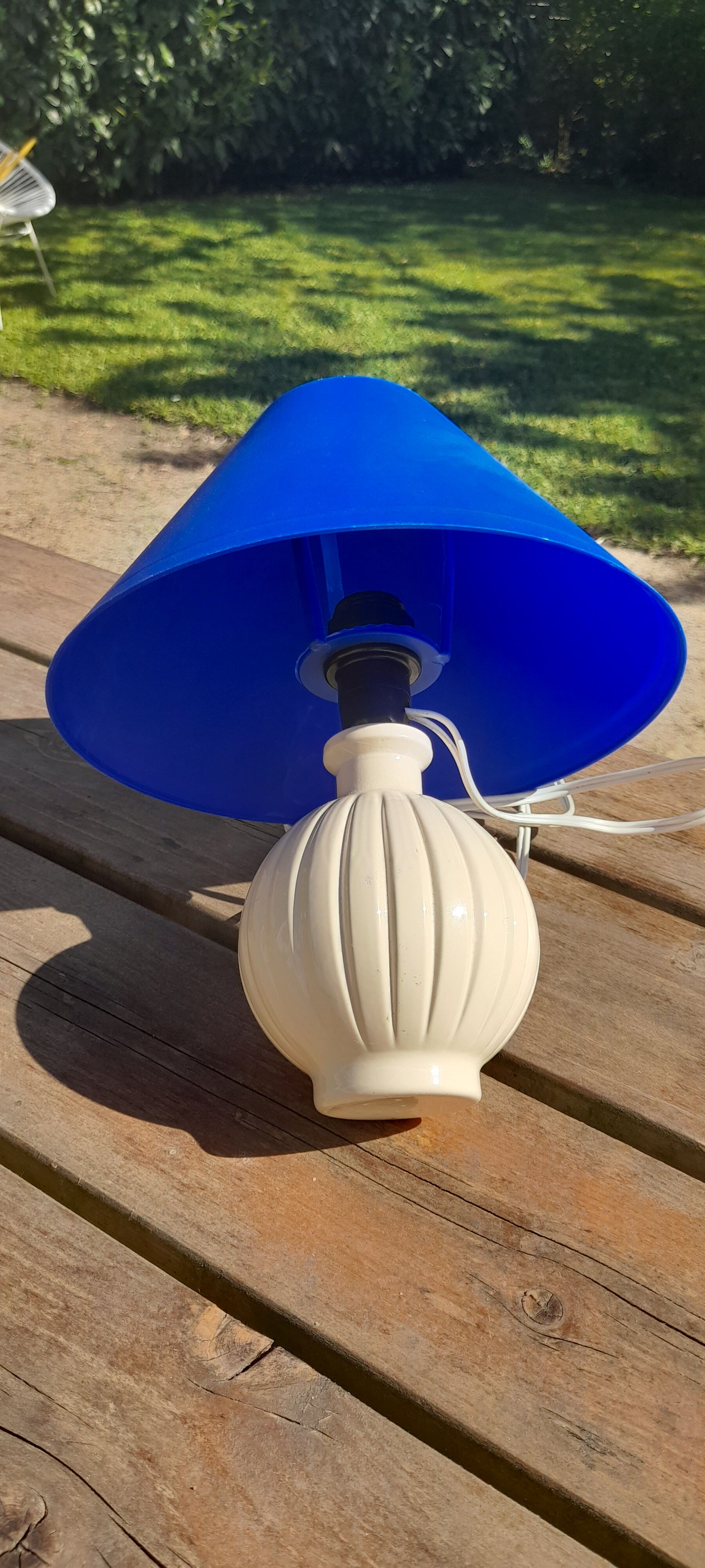 Bedside lamp, ceramic ball foot cream, blue lampshade, circa 70's