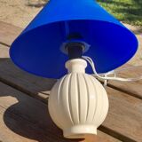 Bedside lamp, ceramic ball foot cream, blue lampshade, circa 70's