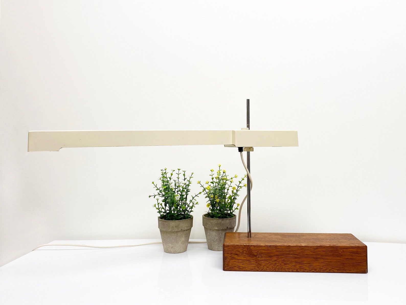 Unique XL Vintage Fluorescent Desk Lamp, Solid wooden base, Mid Century Table Lamp