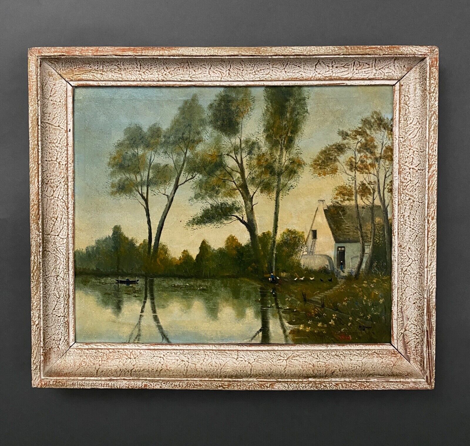 Oil on canvas by A. Biron XXth landscape by the river thatched cottage