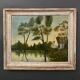Oil on canvas by A. Biron XXth landscape by the river thatched cottage