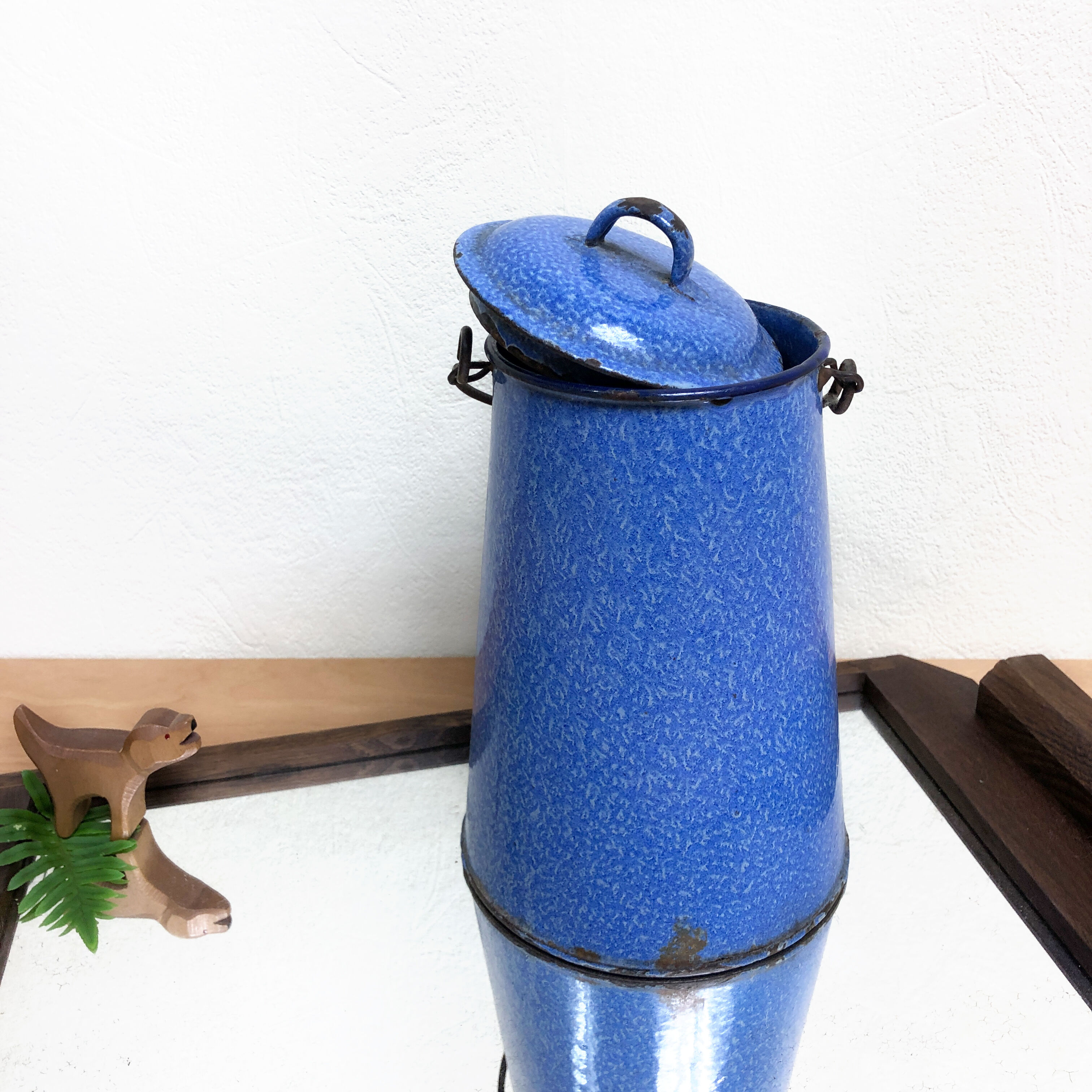 Blue enamelled milk pot