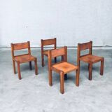 Elm and Cognac Leather Dining Room Chairs Set in the style of Pierre Chapo, Italy, 1960s, Set of 4