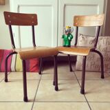 Duo of brown child school chairs