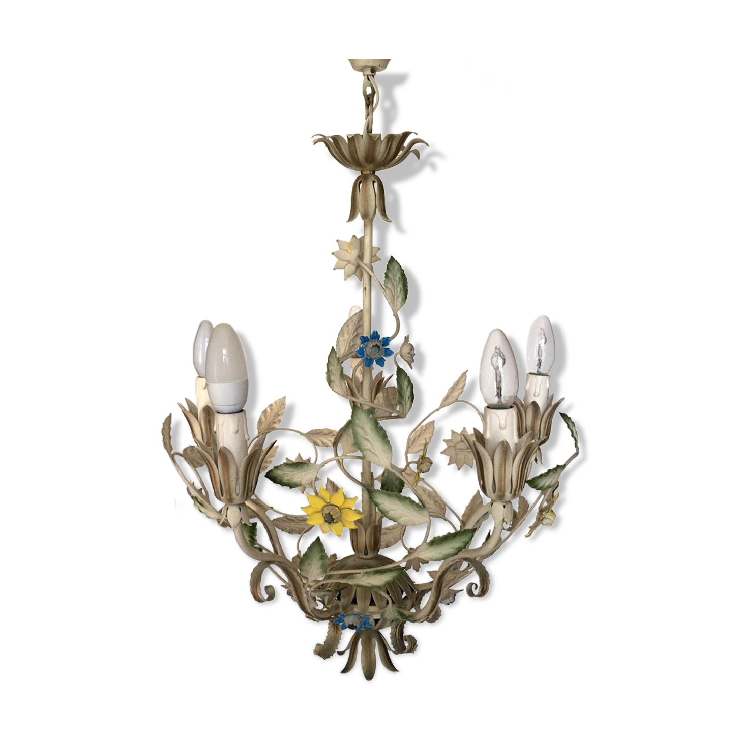 Lustre vintage en métal peint à décor de fleurs
