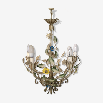 Vintage painted metal chandelier decorated with flowers