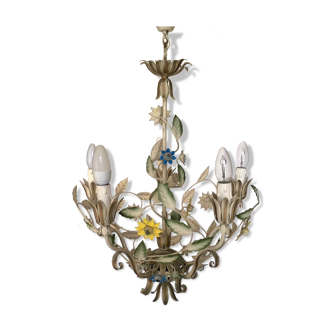 Lustre vintage en métal peint à décor de fleurs