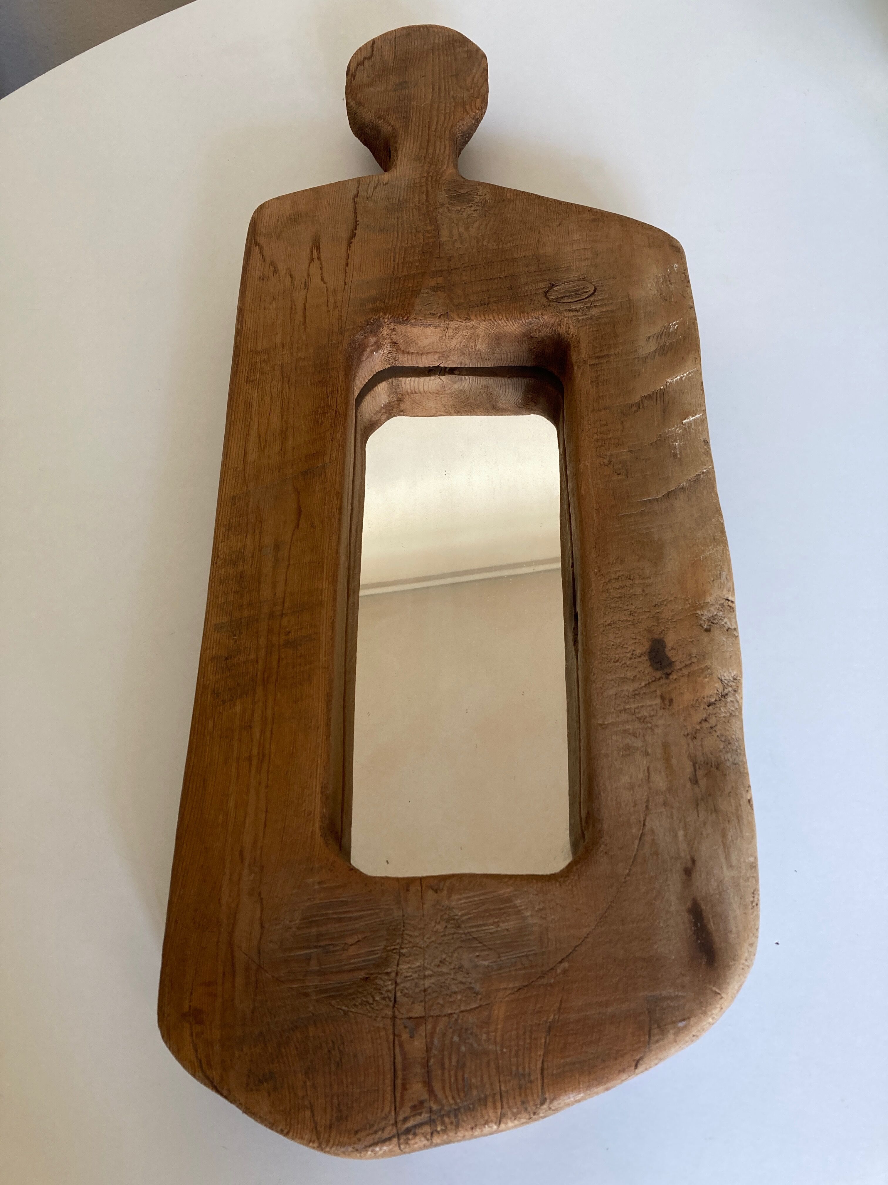 Mirror cubist shape in raw wood Formentera 1970
