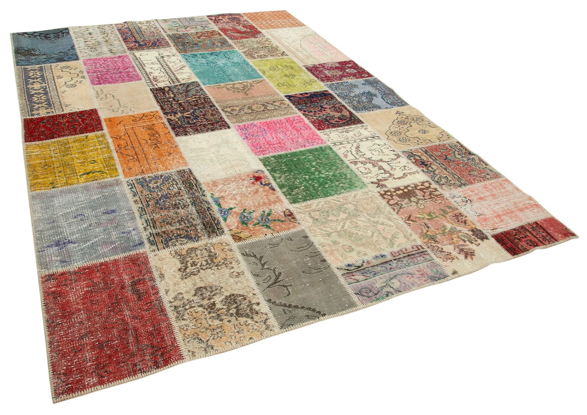 Hand-Knotted Oriental Overdyed 209 cm x 298 cm Multicolor Patchwork Carpet