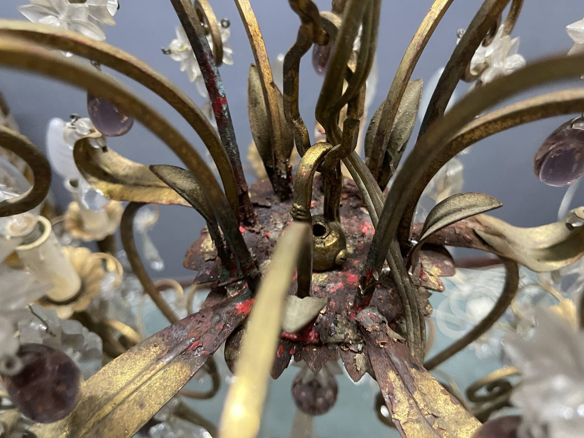 Large Florentine Tole Chandelier with Murano Glass Flowers, Italy, 195