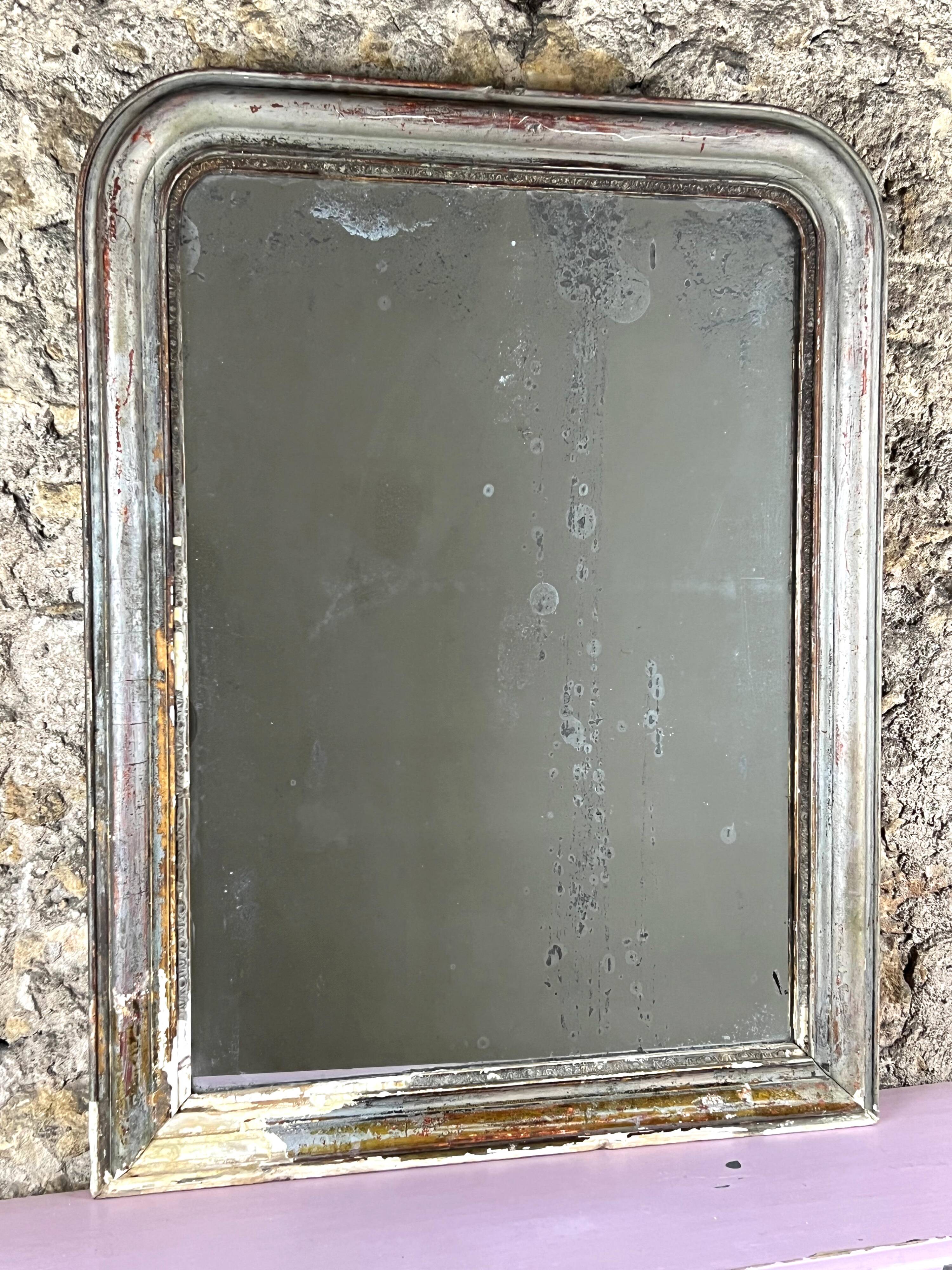 Antique Louis-Philippe Mirror, 19th Century, Shabby Silver Patina