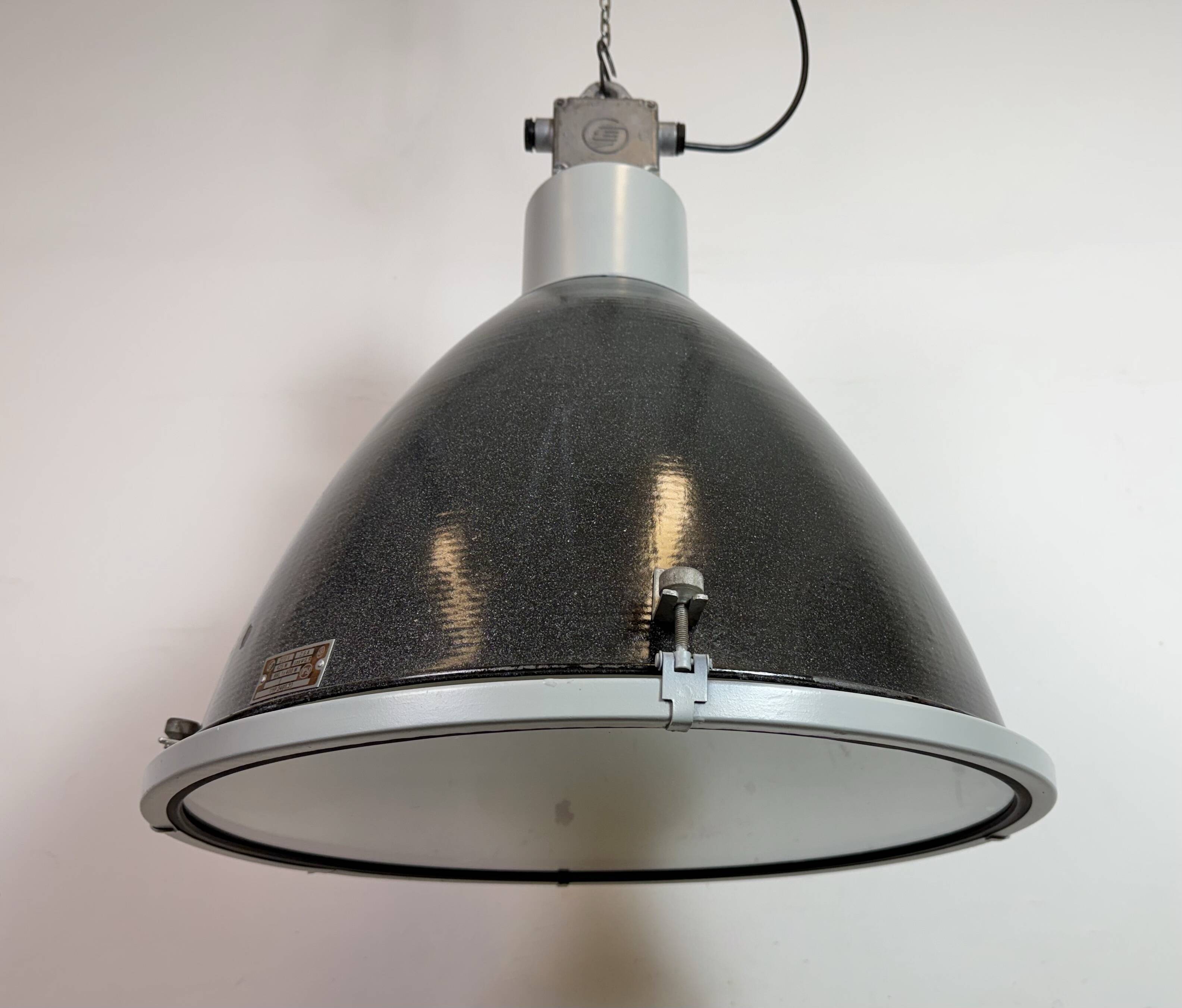 Large Industrial Enamel Factory Pendant Lamp with Glass Cover, 1960s