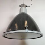 Large Industrial Enamel Factory Pendant Lamp with Glass Cover, 1960s