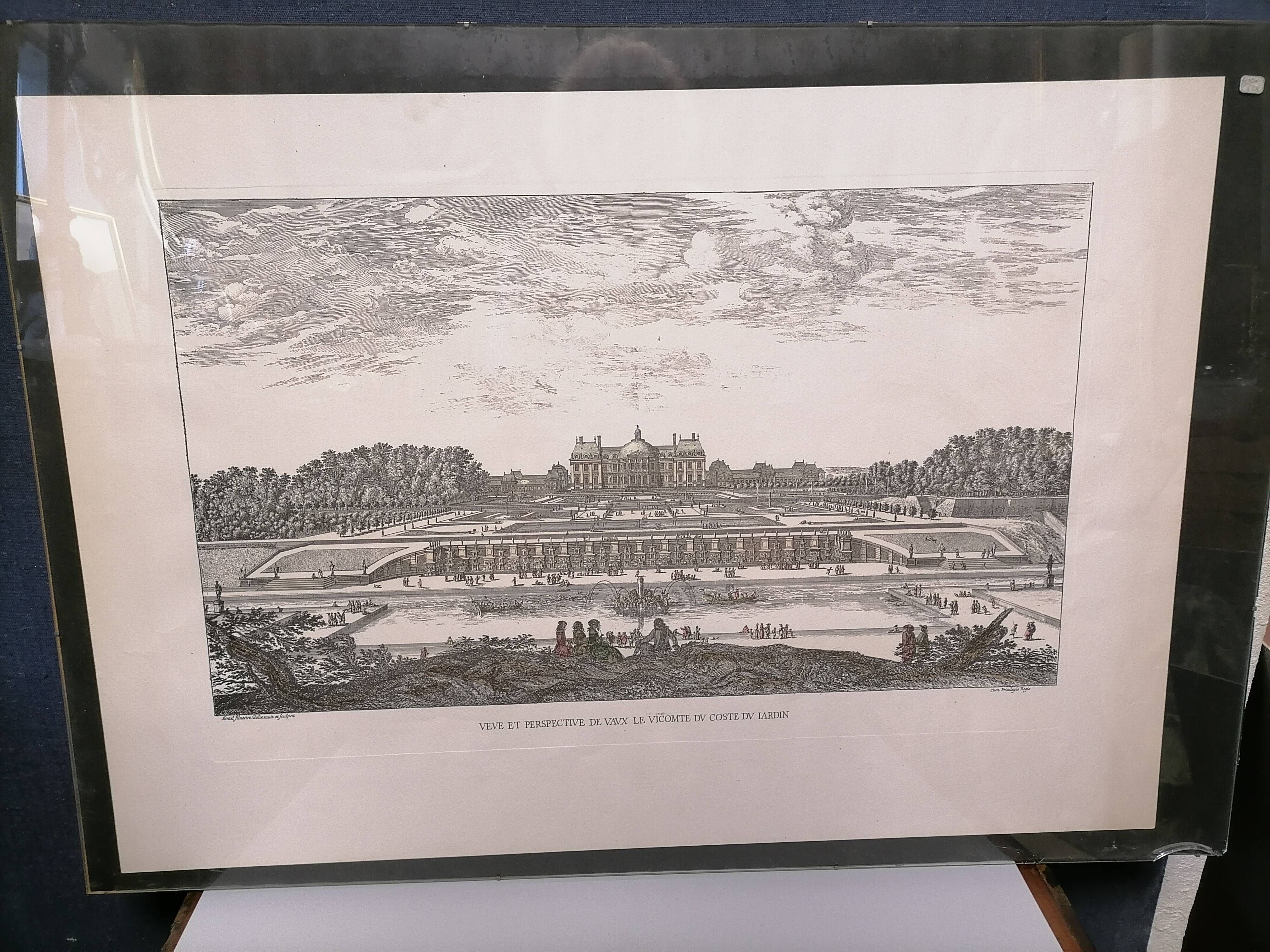 Gravure ancienne architecture et jardin