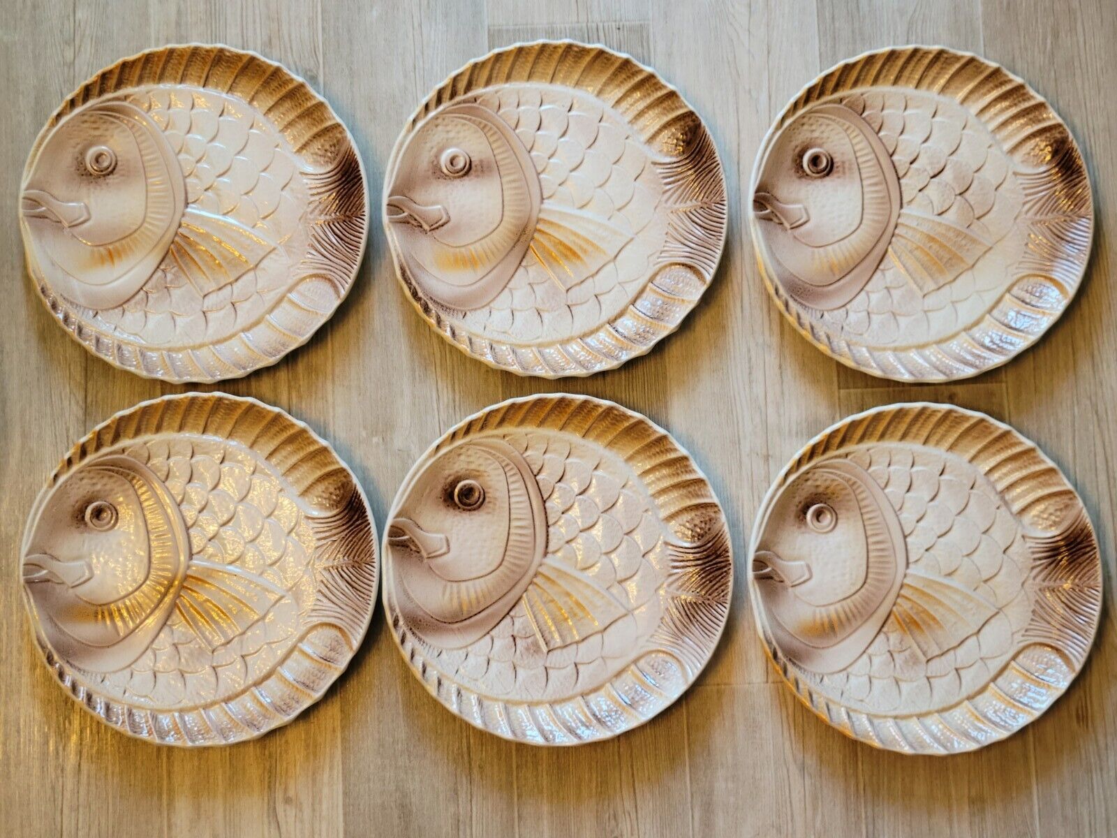 6 flat plates fish décor in slurry Sarreguemines vintage