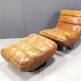 Vintage leather swivel chair with stool, 1970s