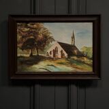 Huile sur toile XXe représentant une église bretonne par Guimard