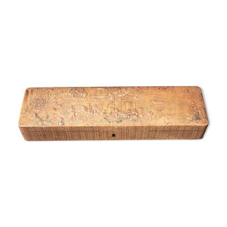 Old embossed leather glove box decorated scenes