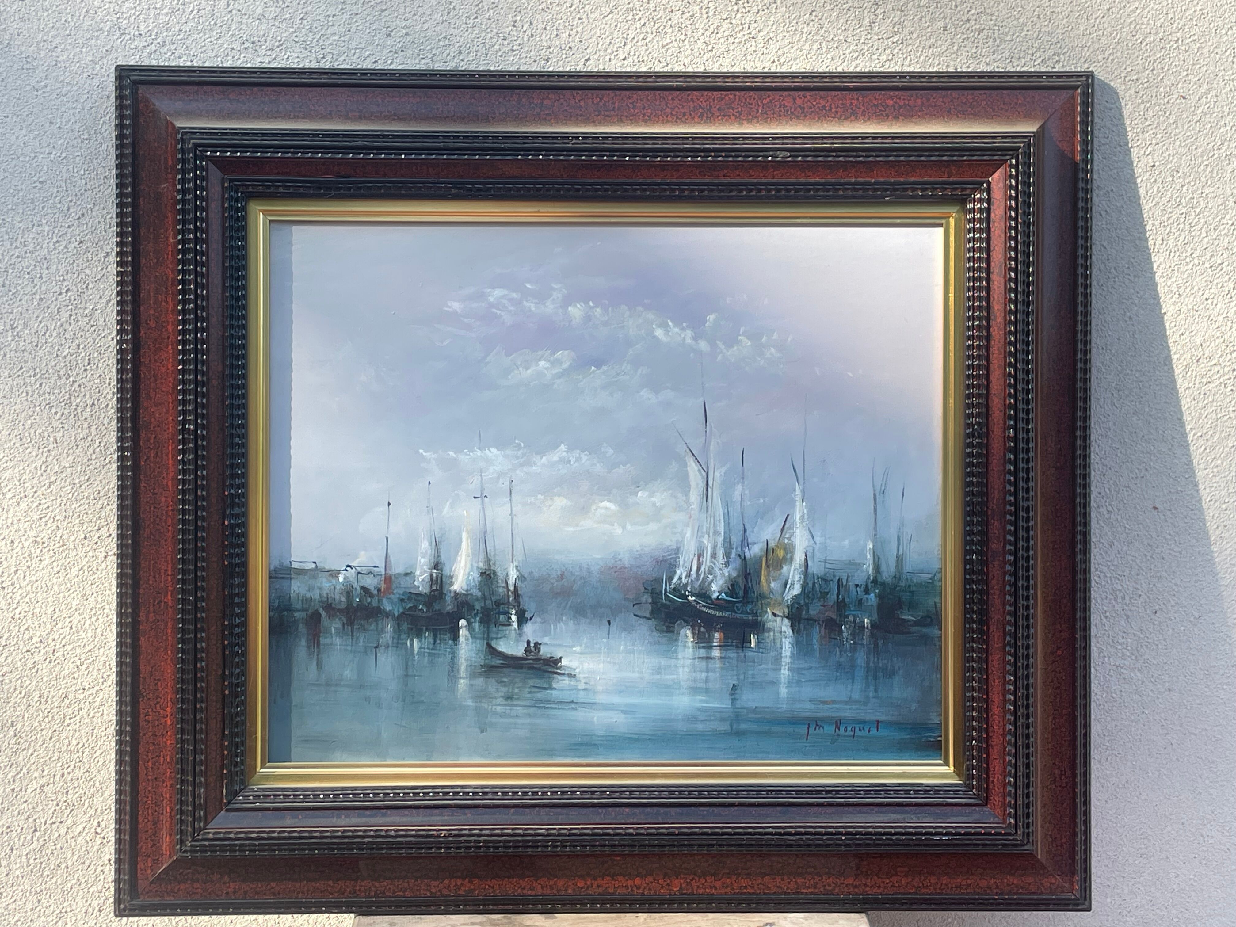Oil on animated marine panel, moored boats signed Noquet
