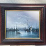 Oil on animated marine panel, moored boats signed Noquet