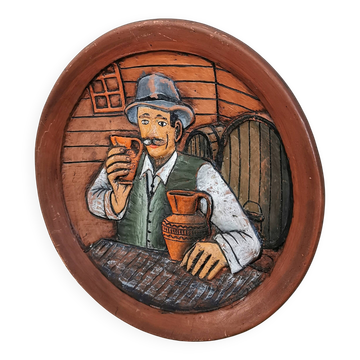 Vintage Embossed Clay Plate: Man Drinking, Retro Wall Decor