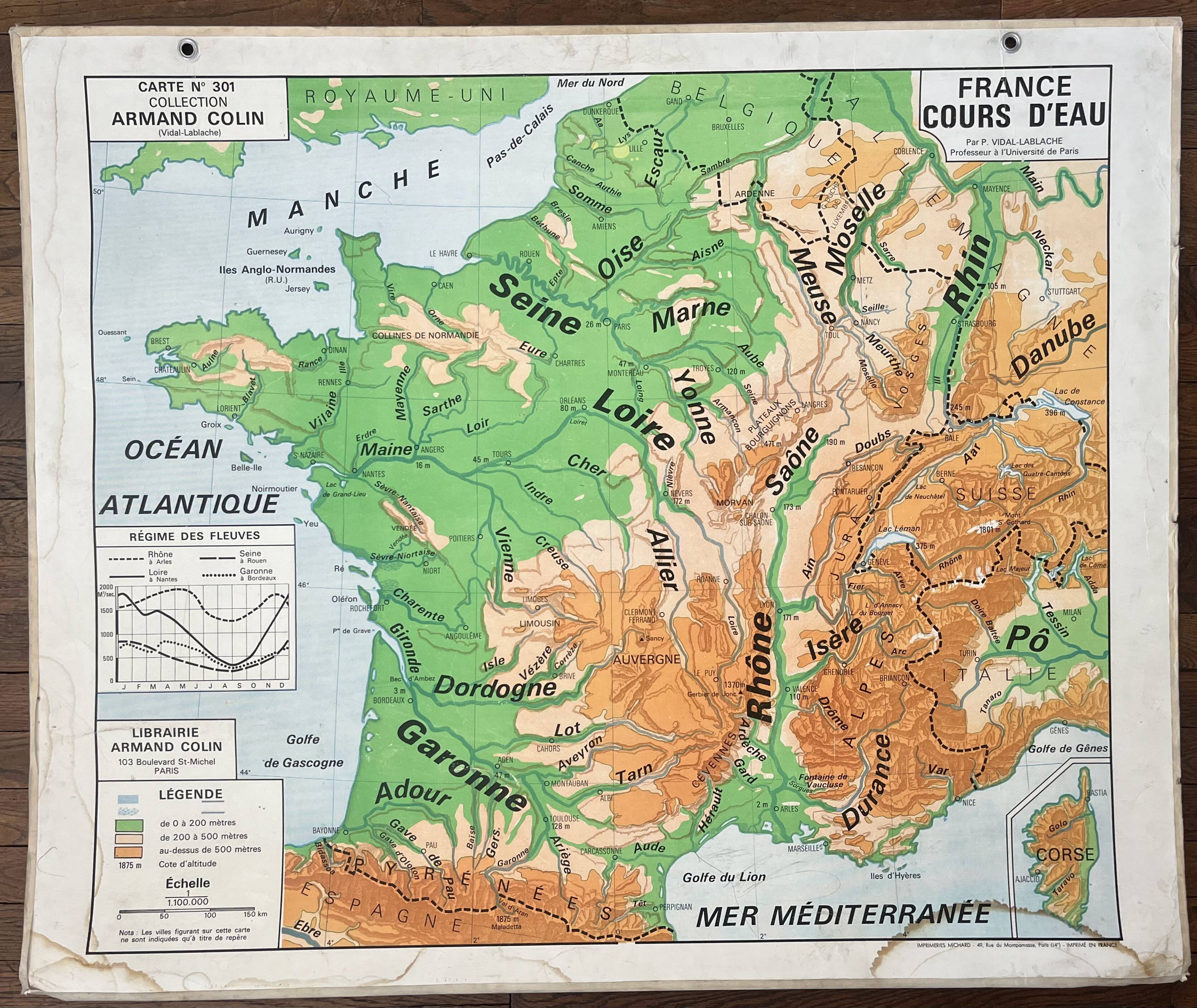 Old Vidal-Lablache map 301, 1950 - France, departments, rivers