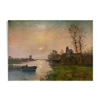 Tableau HST "Twilight Lakeside Landscape" signed E. Faivre late 19th century