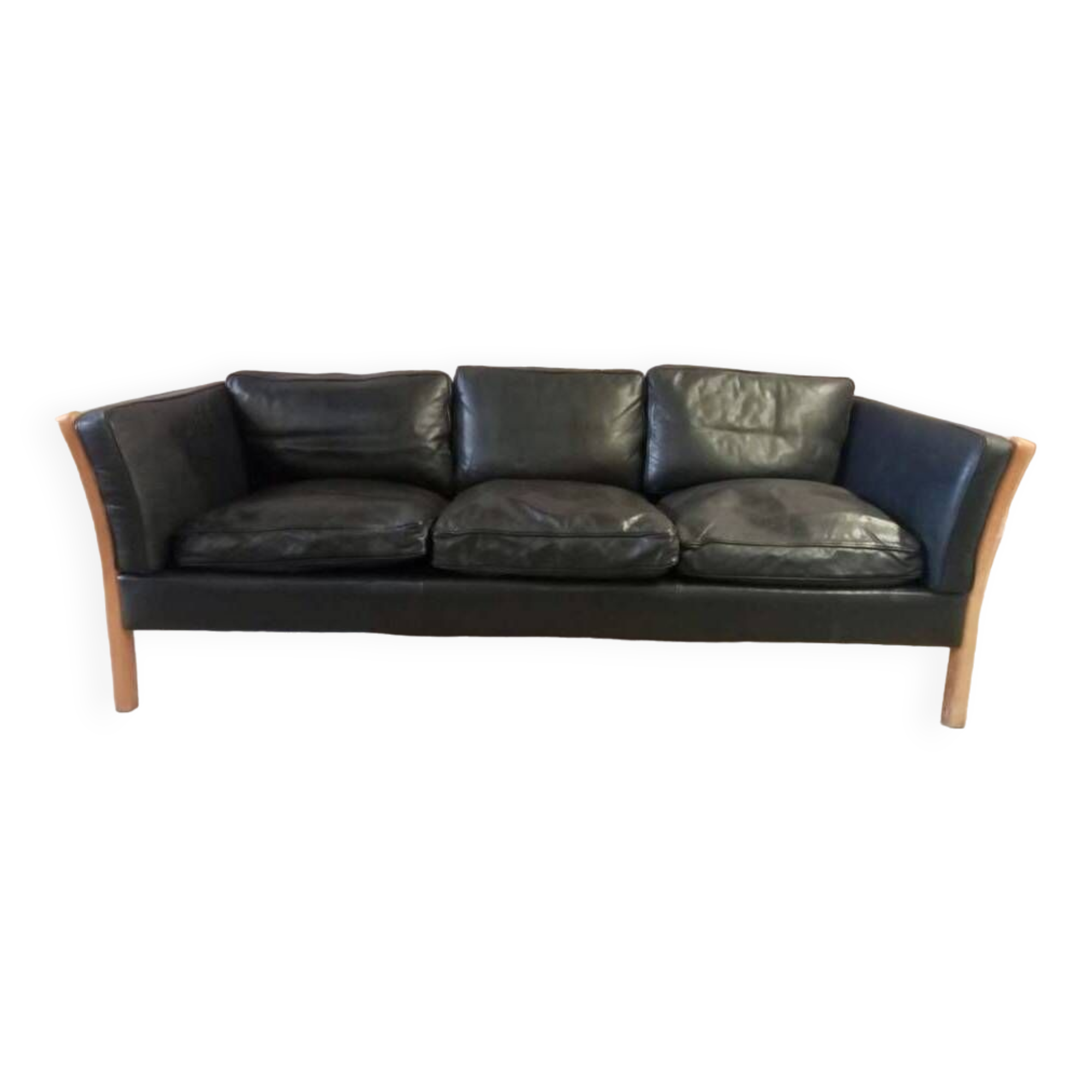 Danish vintage 3 seater black leather Stouby sofa , 1960s