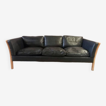 Danish vintage 3 seater black leather Stouby sofa , 1960s