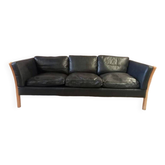 Danish vintage 3 seater black leather Stouby sofa , 1960s