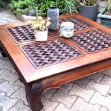 Pier imported 1980s exotic solid carved wood square coffee table