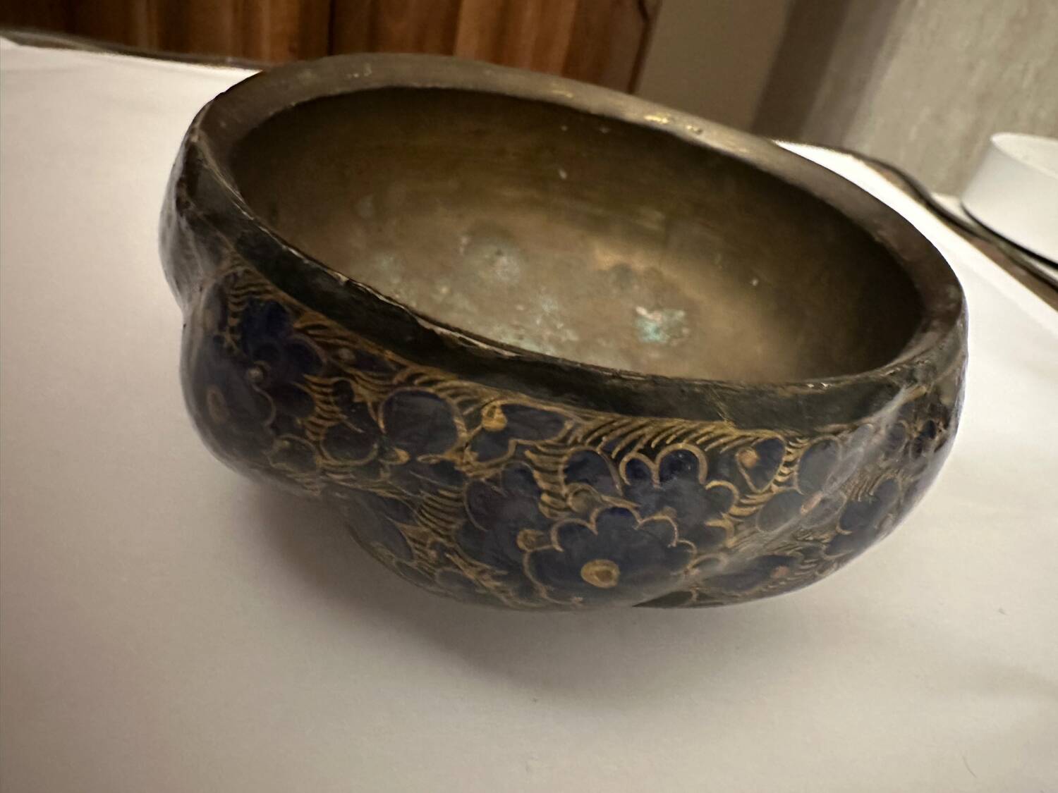 Orientalist Bowl with Hand-Painted Midnight Blue and Gold Floral Decor